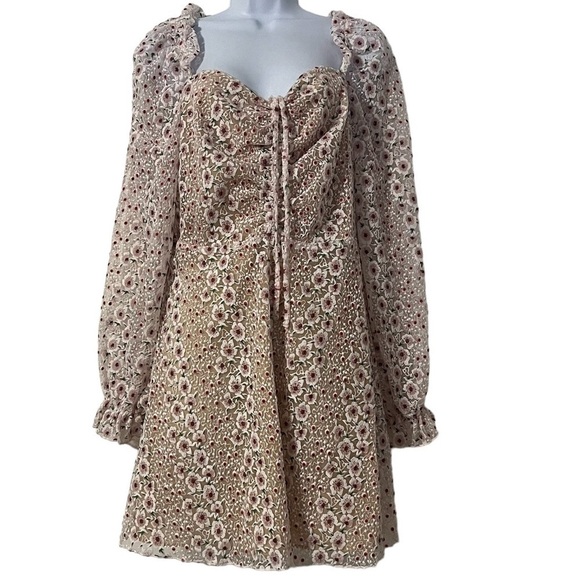 NEW Tularosa Tess Floral Embroidered Ruffle Puff Sleeve Mini Dress Sz L - Picture 2 of 16